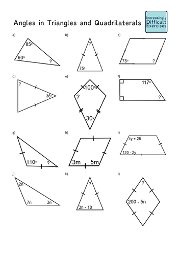 Missing angles in triangles and quadrilaterals worksheets