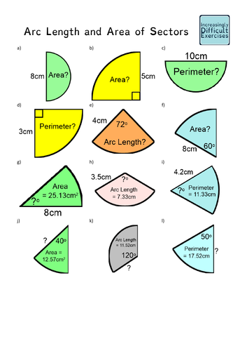 Increasingly Difficult Questions Arc Length And Area Of Sectors Teaching Resources