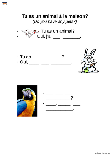 French - Simple pets worksheet