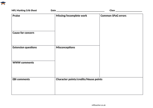 MFL marking crib sheet