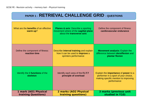 NEW AQA GCSE PE (9-1) Retrieval Challenge Grid - Revision for exam