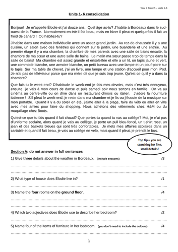 Year 7 - reading and writing consolidation of units 1-6 of Encore Tricolore 1 Total & aller