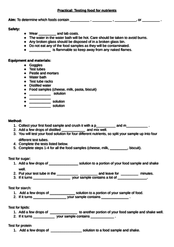 ks3 biology food tests practical worksheets teaching