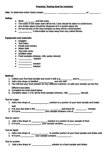 KS3 Biology Food tests practical worksheets