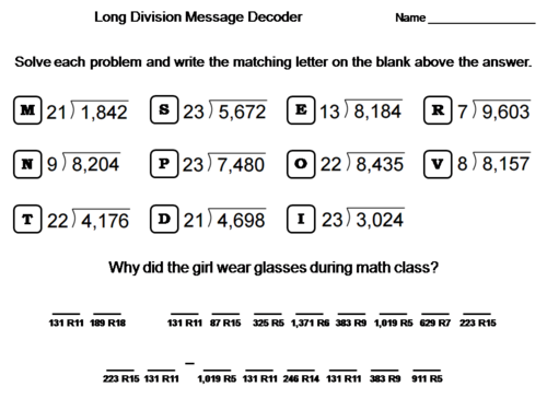 Fifth Grade Long Division with Remainders Activity: Math Message Decoder