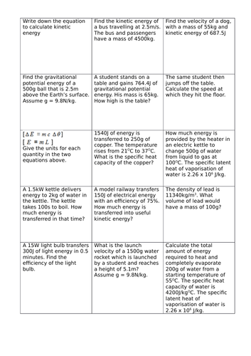 AQA Trilogy Physics - energy calculations revision race
