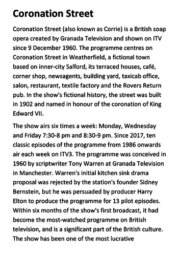 Coronation Street Handout | Teaching Resources