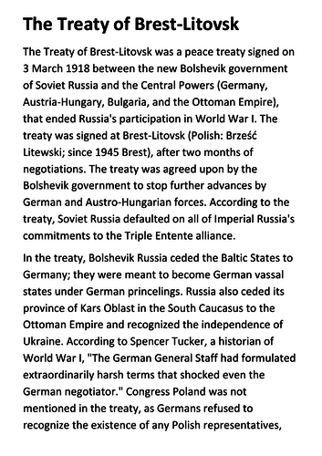 The Treaty of Brest-Litovsk Handout