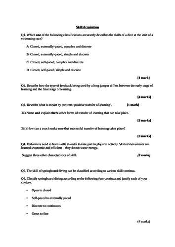 AQA A LEVEL PE Skill Acquisition End of unit Test