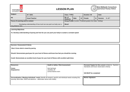800m Pacing Lesson Plan - Athletics - worksheet / resource included