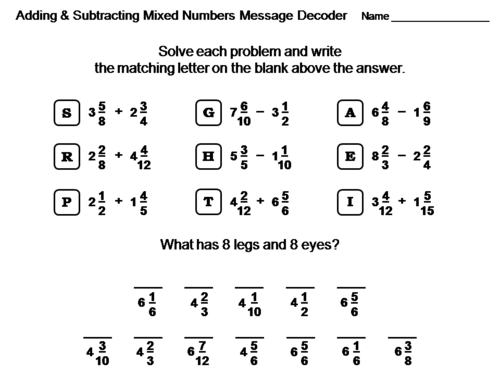 Adding and Subtracting Mixed Numbers Activity: Math Message Decoder