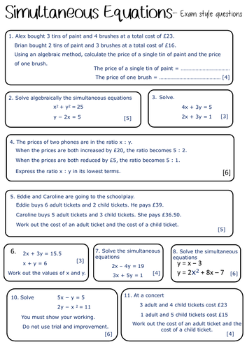 Exam questions- Simultaneous Equations