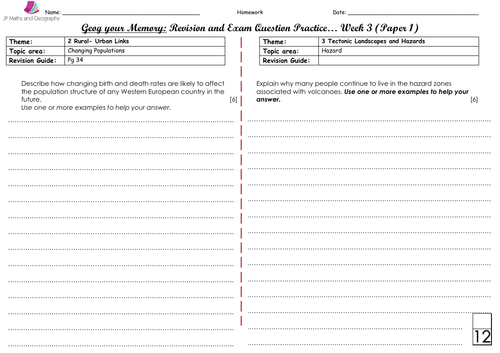 WJEC/WJEC Eduqas Spec A-Geog your Memory... WEEK 3- Content and skills based questions (Paper 1&2