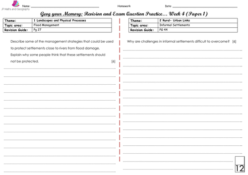WJEC/WJEC Eduqas Spec A-Geog your Memory... WEEK 4 - Content and skills based questions (Paper 1&2)