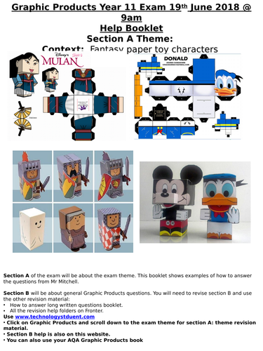AQA Graphic Products 2018 Exam theme Section A Help Booklet: Fantasy paper toy characters