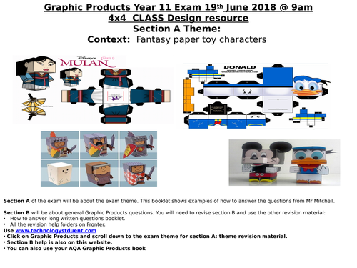 AQA Graphic Products 2018 Exam theme Section A 4X4 class design aid: Fantasy paper toy characters