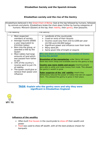 AQA 8145 - Elizabeth - Homework booklet focusing on theatre, society and the Armada