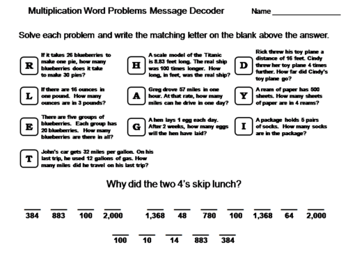4th Grade Multiplication Word Problems Activity: Math Message Decoder
