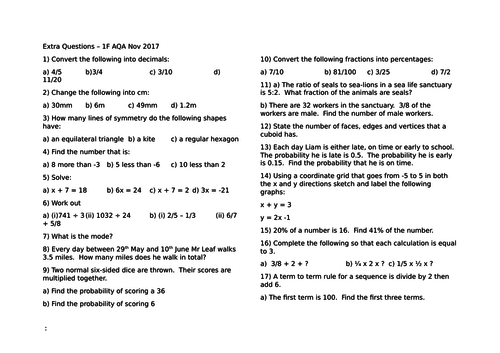 Extra Questions to Match AQA November 2017 GCSE Maths Papers (Answers now included)