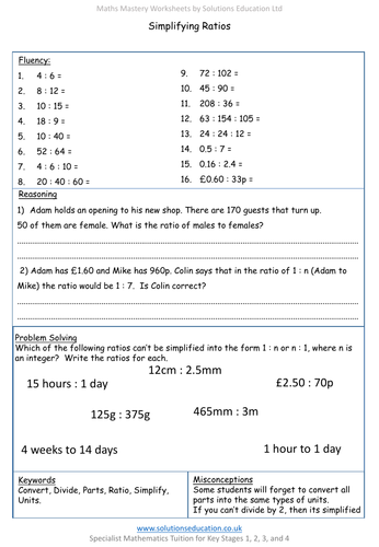 Simplifying Ratios Mastery Worksheet | Teaching Resources