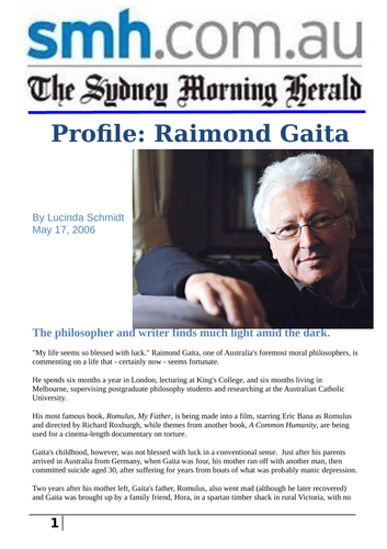 Romulus, My Father - Newspaper Article - Profile: Raimond Gaita