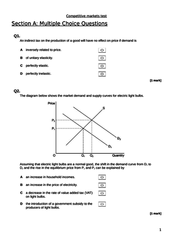 Year 12 Microeconomics: The operation of markets and market failure end of topic tests