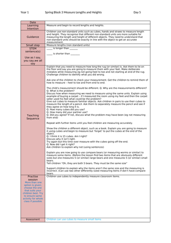 Y1 Maths Mastery Plans Spring Block 3 Week 2 Measures Length and Height