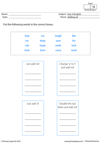 KS2 English Resource - Adding 'ed'