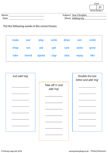 KS2 English Resource - Adding 'ing'