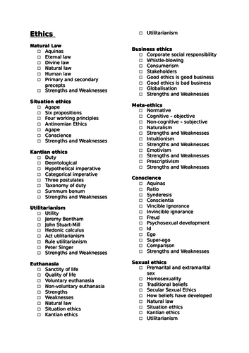 Ocr A Level Ethics Checklist Teaching Resources