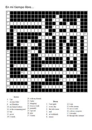 Y7 Spanish Crossword for Revision (Free Time)
