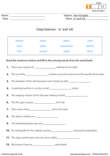 KS2 English resource - Cloze Exercise: 'ic' and 'ick'