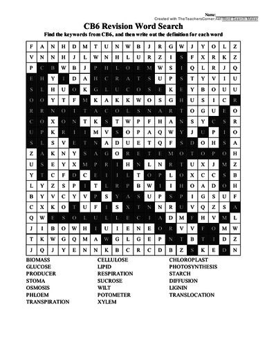CB6 Revision wordsearch (Photosynthesis, Transpiration etc)