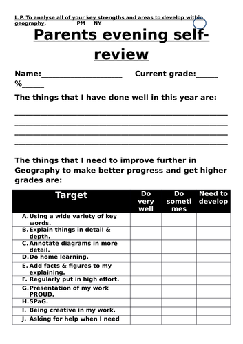 parents evening self review pupil task sheet