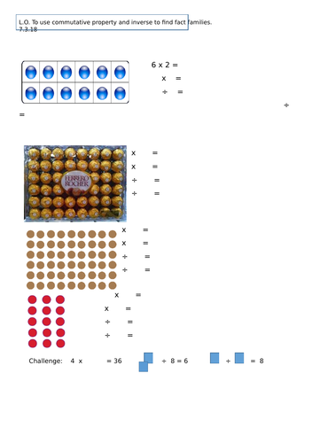 multiplication and division fact families using visual arrays and missing number equations