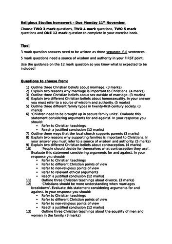 Edexcel Spec B Religious Studies (9-1) Christianity: Marriage and the Family topic