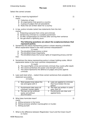 The Law: Citizenship GCSE 9-1 OCR GCSE Exam multiple choice test/quiz