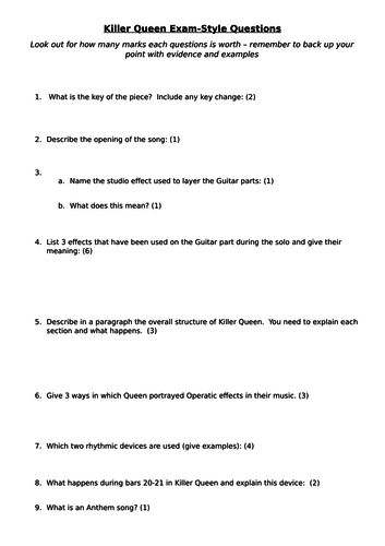 Killer Queen exam questions