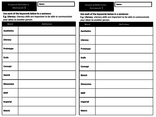 Design & Technology Keyword Tasks