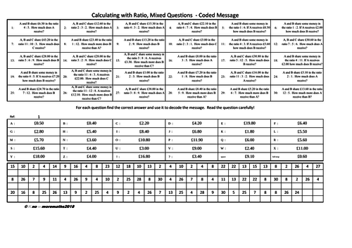 Ratio. Mixed questions on sharing money - Coded Message