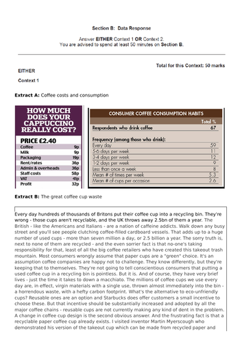 AQA style Paper 1 (Micro Economics) A level Practice exam paper & mark scheme (Data & essays)