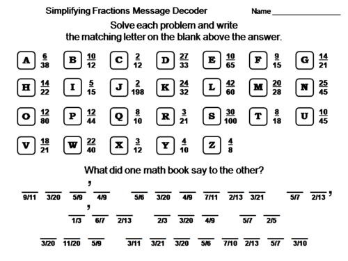 Simplifying Fractions Activity: Math Message Decoder