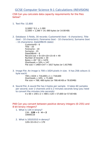 GCSE Computer 9-1 Revision:  Questions involving Calculations