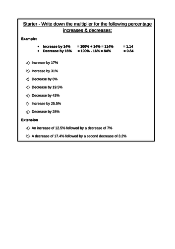 Percentage Multipliers Worksheet