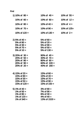 Finding Percentage of Amount Worksheet