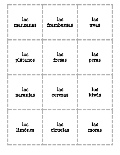 La comida - Frutas y verduras - Matching, Memory & Bingo Game Cards
