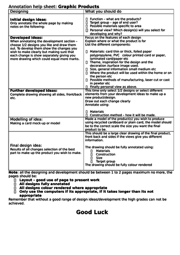 Annotation Helpsheet for GCSE Graphic Products Design Section of Folder