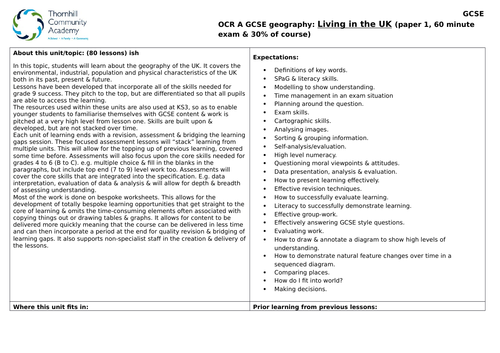 a full scheme of work for OCR geography A living in the UK units of study 1-9