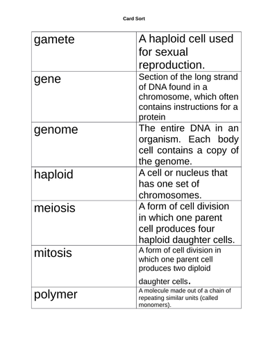 CB3a Meiosis Keyword Sort cards and Bingo Cards