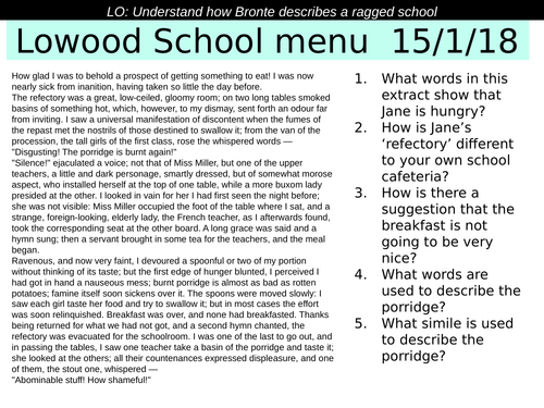 Jane Eyre Lowood School food and menus KS3